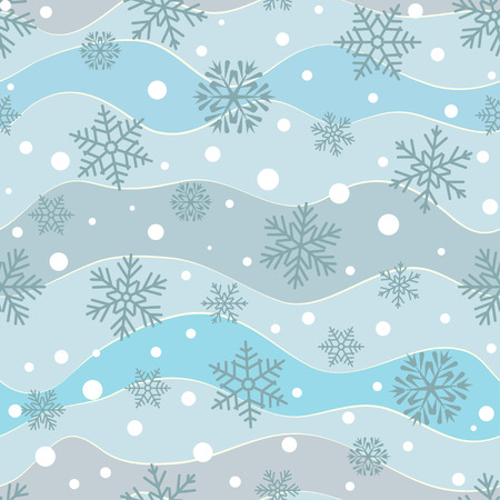 Seamless background with snowflakes and snowballs and winding wavy lines on a blue backgroundのイラスト素材