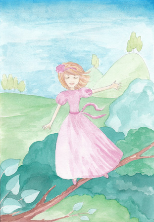 Girl in pink dress smiling and with his eyes closed walks on the tree branch. Hand drawn watercolor illustration.の写真素材