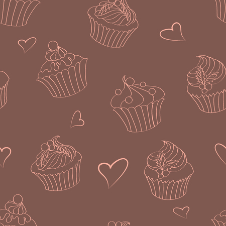 Seamless pattern of outlines delicious Christmas hand drawn cupcakesのイラスト素材