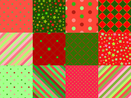 Set of winter red and green variety of seamless patterns - stars, stripes, dots, diamonds for Christmas and new yearのイラスト素材