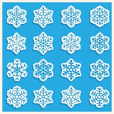 Large set of various carved, lace or simple paper snowflakes with shadowのイラスト素材