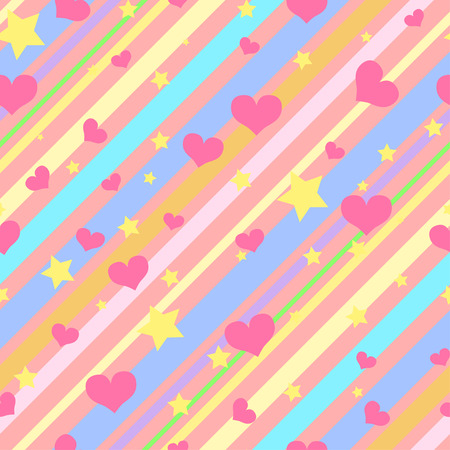 Bright seamless pattern with colorful diagonal  stripes, stars and hearts for girlsのイラスト素材