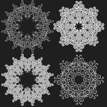 Set of circular blue pattern or snowflake with hand drawn swirls and spiralsのイラスト素材