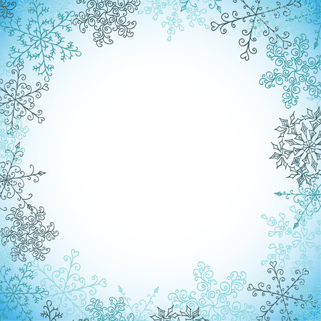 Background with a circle of hand-drawn snowflakes with flourishes and hearts.のイラスト素材