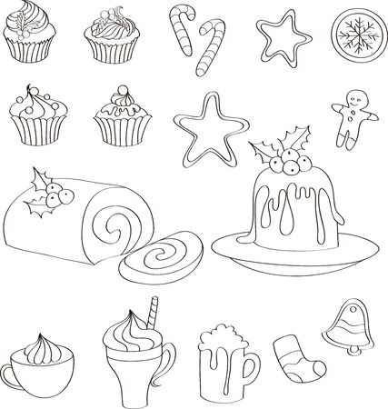 Set of hand drawn Christmas sweets, cakes and drinks - gingerbread man, snowflake, sock, star, bell, pudding, Swiss roll, cupcakes and candy canesのイラスト素材