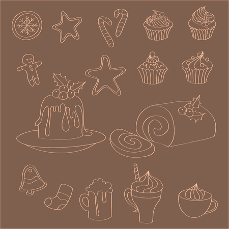 Set of hand drawn Christmas sweets, cakes and drinks - gingerbread man, snowflake, sock, star, bell, pudding, Swiss roll, cupcakes and candy canesのイラスト素材