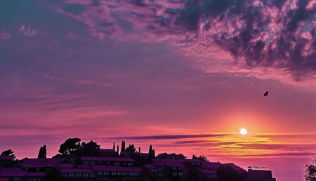 Summer landscape. Sunset of the sun. Watercolor painting in lilac and blue shades. Nature.の写真素材