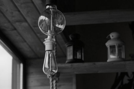 Vintage light bulb hanging from the ceiling. Black and white photo.の写真素材