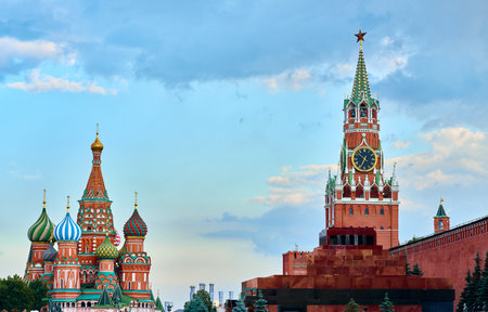 St. Basil's Cathedral and Spasskaya Tower in Moscow, Russiaの写真素材
