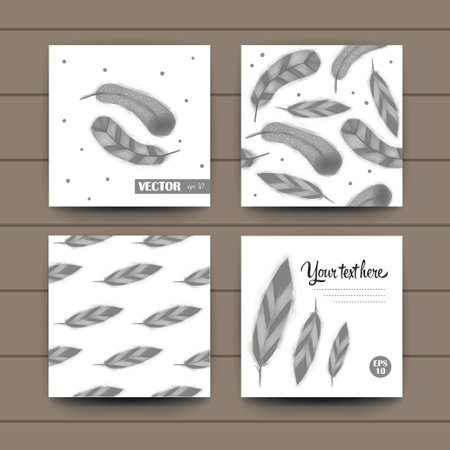Set feathers post cards and pattern, vectorのイラスト素材