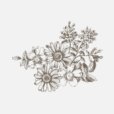 Engraved hand drawn illustrations of ornate chamomile, rosehips, thyme. Flower buds, leaves and stems.のイラスト素材