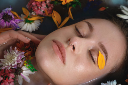 A beautiful tender romantic girl surrounded by different beautiful flowers.の写真素材