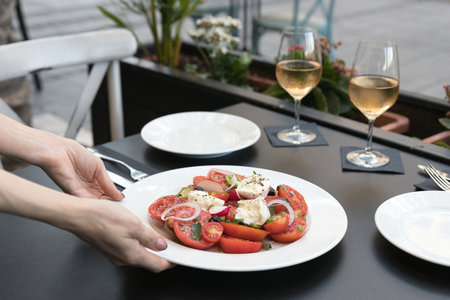 Italian caprese salad with tomatoes, mozzarella, oregano, thassos, onions, chili peppers and olive oil. two glasses of wine rose in a restaurant on the street. The waitress serves a dishの写真素材