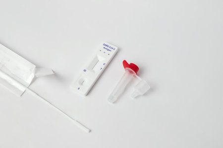 antigen test kit diagnostic with nasal swabs, tube and detection deviceの写真素材