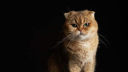 Portrait of scottish fold cat with green eyes close - up space for text on a black backgroundの写真素材