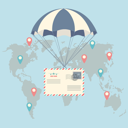 Parachute with air mail envelope, letter. Delivery service concept. Air shipping. Airmail, postcard isolated on background. Vector illustration. Flat cartoon styleのイラスト素材