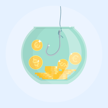 Catching money with fishing hook in aquarium. Dollar and euro coins. Vector illustration. Flat cartoon styleのイラスト素材