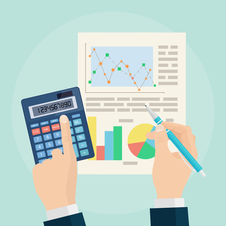 Data analysis concept. Business analytics. Financial audit, planning. Graphs and charts. Pen and calculator in hand isolated on background. Vector illustration. Flat styleのイラスト素材