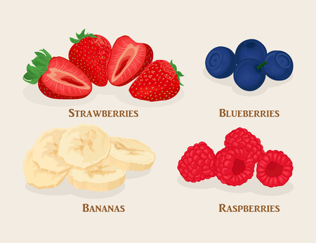 Set of sliced fruit and berries. Bananas, strawberry, raspberry, blueberry isolated on light background. Vector illustration.のイラスト素材