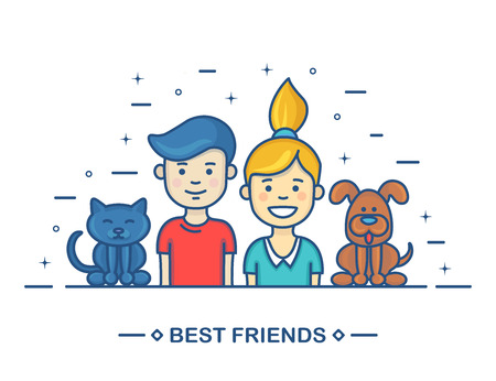 Happy children. Best friends in flat line cartoon design. Brother, sister, cat and dog isolated on white background. Website vector elementsのイラスト素材