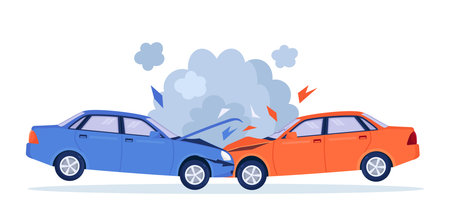 Car crash on the road. Red and blue cars are broken in the city. road traffic accident. Smashed cars on highway. Collision of vehicles. Automobiles damagedのイラスト素材