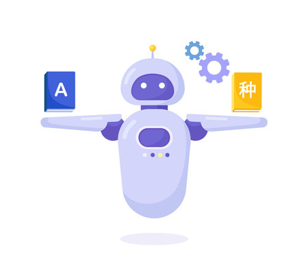 chatbot translator. Online translates your messages into another language. Bot holds book dictionaries. Artificial intelligence online support for document translation and reading books technologyのイラスト素材