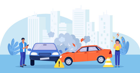 Upset drivers standing near crashed cars. road traffic accident. Car crash on the road. Vehicle is broken in the city. Smashed auto on highway. Collision of vehicles, wreck. Automobile damagedのイラスト素材