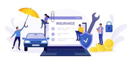 Car insurance policy form on laptop screen. Insurance agent or salesman providing security document. People buying auto, leasing. Protection, warranty of vehicle from accident, damage or collisionのイラスト素材