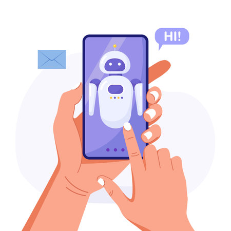 Chatbot artificial intelligence. Human hand holds phone with chat bot application and customer service app. AI robot virtual assistant, online customer support. FAQ conceptのイラスト素材