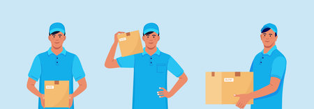 Set of Delivery men with cardboard box in hands. Courier in cap with parcelのイラスト素材