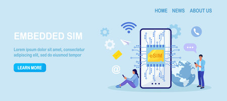 Embedded sim card on microcircuit. Young people use modern mobile phone with eSIM card chip. Smartphone without classical sim card. new digital technology. Cellphone with integrated circuit cardのイラスト素材
