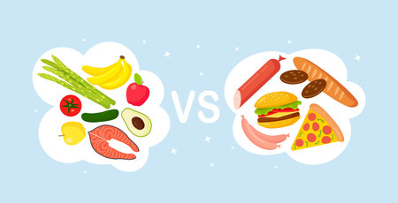 Healthy vs junk food. Unhealthy lifestyle with pizza, hamburger, bread and sugar food. Healthy nutrition includes vegetables, fish and fruitsのイラスト素材