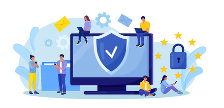 Shield with lock on computer screen as a symbol of general data protection regulation. GDPR and privacy policy concept. Tiny people protecting business data and legal informationのイラスト素材