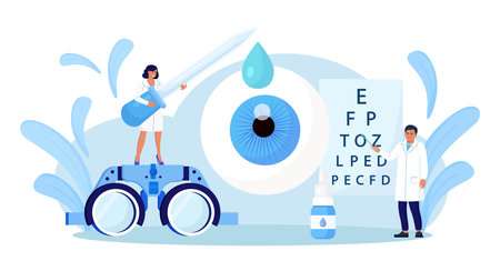 Ophthalmology concept. Ophthalmologist Doctor Checks Patient Eyesight. Optical Test for Eyes. Good Vision and Care. Oculist Pointing at Eye Test Chart. Ophthalmological Sight Examination and Treatmentのイラスト素材