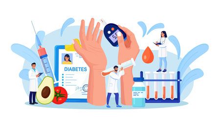 diabetes. Doctors testing blood for glucose, using glucometer for hypoglycemia or hyperglycemia diagnosis. Laboratory equipment, syringe. Physician measuring sugar level. World diabetic awareness dayのイラスト素材