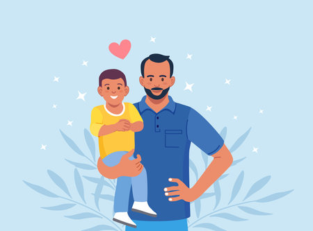 Bearded man carrying young boy. Young father holds his child with care and love. happy fathers day. Smiling dad holding sonのイラスト素材