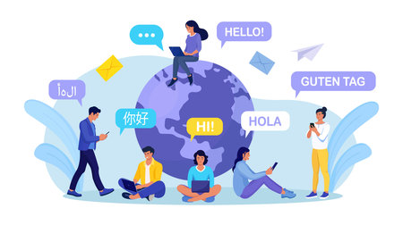 Young people chatting in foreign languages with phone. multilingual greetings. Hello in other languages. Diverse cultures, international communication. Students with speech bubbles and earth planetのイラスト素材