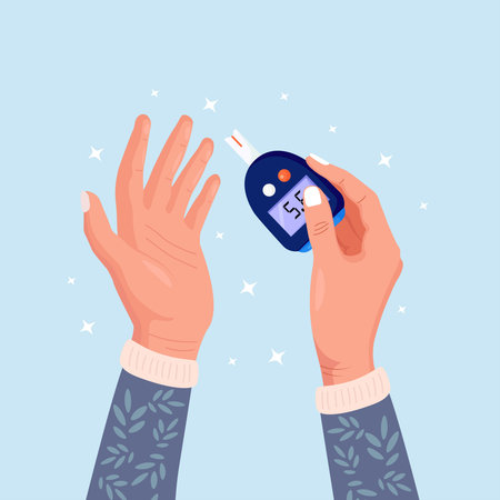 diabetes. Patient testing blood for glucose, using glucometer for hypoglycemia or hyperglycemia diagnosis. Man measuring sugar level. World diabetic awareness dayのイラスト素材