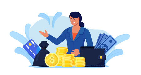 Business Woman with Heap of Cash, Money Bag and Wallet. Financial Consultant, Banker Offering Loan. Successful Investor or Entrepreneur Getting Income. Financial Consulting, Investment, Savings Profitのイラスト素材
