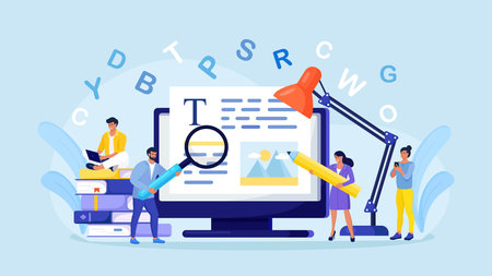 Blog authors writing articles, making valuable content. Freelance writers creating internet content. copywriter workshop. Writing texts, creativity and promotion, SEO marketingのイラスト素材