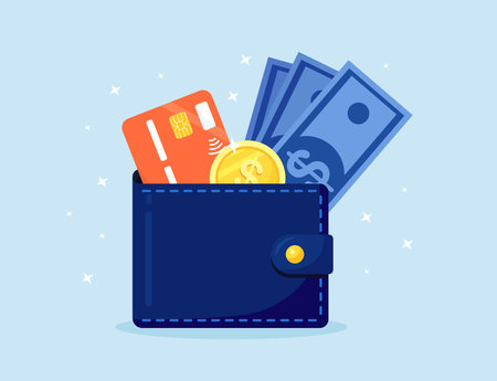 Wallet with money and credit card. Cash, coin and deposit card stick out of the purseのイラスト素材