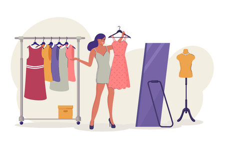 Woman is trying on a new dress in the store. shopping concept. Girl standing near mirror and rack with hangers. vector illustrationのイラスト素材