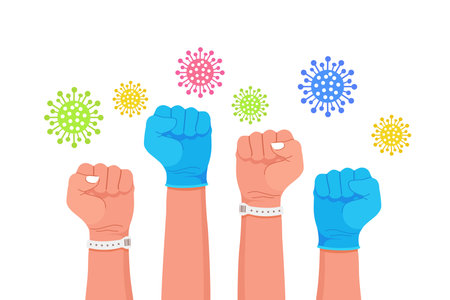 Raised clenched fist of patients and medical workers. Human hands in blue protective medical gloves. Super hero doctors and nurses. fight coronavirus togetherのイラスト素材