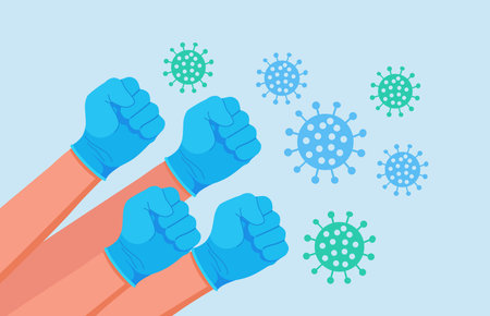 Raised clenched fist of patients and medical workers. Human hands in blue protective medical gloves. Super hero doctors and nurses. fight coronavirus togetherのイラスト素材