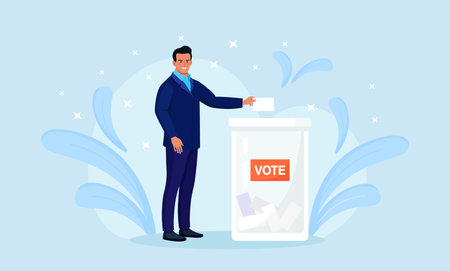 Election campaign. Voter casting ballot at polling place. Person making decision and putting paper ballot in vote box. Idea of democracy and governmentのイラスト素材