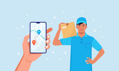 Fast courier with carton box. Smartphone with Mobile App for Delivery Tracking food or parcels. Delivery man in uniformのイラスト素材