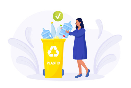 Woman Throw Garbage into Plastic Waste Container, Litter Bins with Recycle Sign. City Dweller Collecting Trash. Recycle rubbish, recycling environment littering. Recycling Pollution Ecology Protectionのイラスト素材