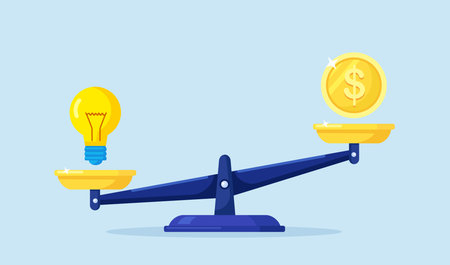 Money and idea balance. Investor compare business ideas and finance on scales. Gold coin and light bulb on scale. Buying creative project or investment in startupのイラスト素材