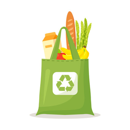 Reusable Cloth eco bags full of grocery products, healthy food. No plastic bag, use your own eco friendly package. Recycled Recyclable Biodegradable Sustainable Packagingのイラスト素材