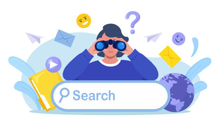 Woman looking for new business or career opportunities. Person looking into the future choosing direction of development. Curious characters looking through binoculars. business research, web surfingのイラスト素材